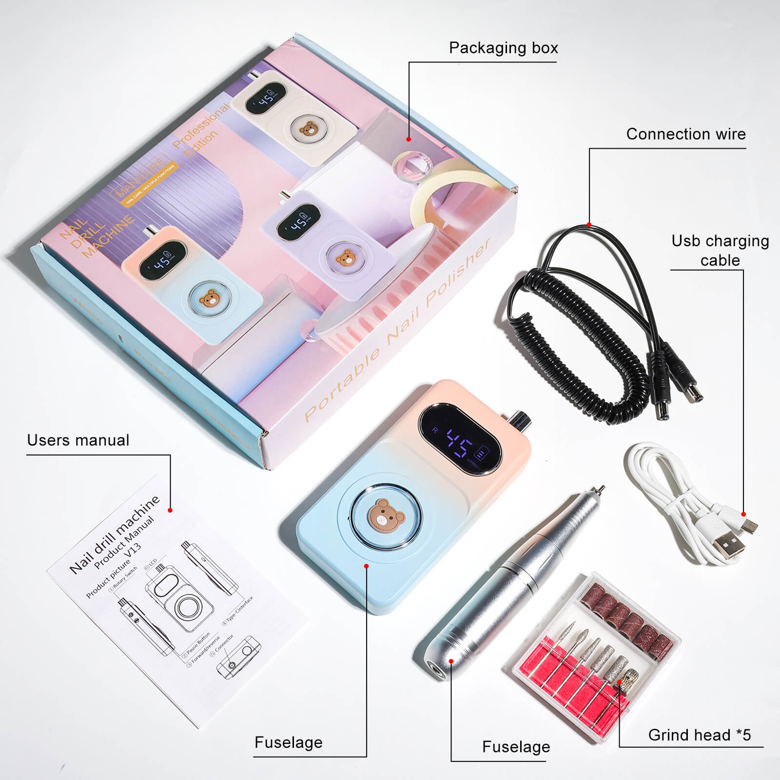 Cute Bear Rechargeable Nail Drill for Acrylic Gel