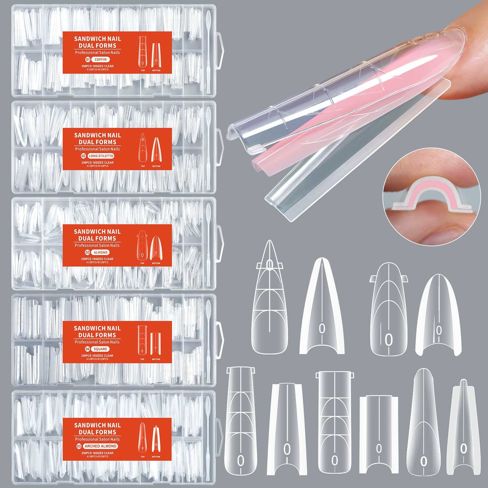 Sandwich Nail Dual Forms - 256pcs Dual-Sided Extension Molds